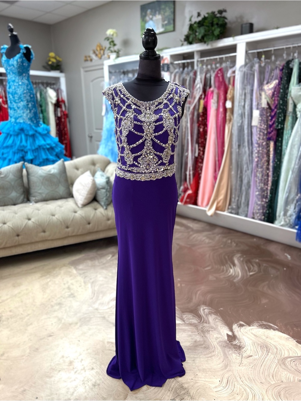 Beaded Purple Prom Gown with Crystal Bodice